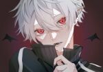  1boy black_jacket highres jacket kuzuha_(1st_costume)_(nijisanji) kuzuha_(nijisanji) male_focus mole mole_under_eye nijisanji open_mouth pointy_ears red_eyes solo takeshi_(310) track_jacket vampire virtual_youtuber white_hair 