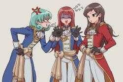  3girls aiguillette anger_vein ascot black_gloves blue_jacket brown_eyes brown_hair clenched_teeth closed_eyes epaulettes etoile_brilliant_(idolmaster) gloves green_hair hand_on_own_hip hands_on_own_hips hands_up highres idolmaster idolmaster_million_live! idolmaster_million_live!_theater_days jacket kitazawa_shiho long_hair long_sleeves looking_at_another multiple_girls official_alternate_costume open_mouth pants pointing pointing_at_another red_hair red_jacket shaded_face simple_background standing tanaka_kotoha tarako_oniyon teeth tokugawa_matsuri white_ascot white_pants 