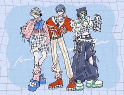  3boys alternate_costume arm_up beanie black_hair blonde_hair blowing_bubble_gum blue_bow blue_hair blue_pants blue_shoes bow chewing_gum closed_mouth clothing_cutout collar crop_top frilled_collar frilled_jacket frills full_body hair_between_eyes hat hibachi_mana highres holding holding_phone inami_rai jacket koyanagi_rou leg_belt leg_cutout leg_warmers looking_at_viewer male_focus multicolored_hair multiple_boys nijisanji one_eye_closed pants phone pink_jacket pink_leg_warmers plaid_clothes plaid_hat plaid_jacket red_jacket red_shoes shin_en_nozoku shoes short_hair smile sneakers two-tone_hair v virtual_youtuber yellow_pants 