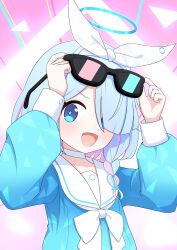  1girl absurdres arona_(blue_archive) blue_archive blue_eyes blue_hair blue_halo blue_shirt bow bow_hairband choker colored_inner_hair commentary eyes_visible_through_hair eyewear_on_head hair_over_one_eye hairband halo highres long_sleeves looking_at_viewer multicolored_hair negi_0712 open_mouth parted_bangs sailor_collar shirt short_hair simple_background smile solo upper_body white_bow white_choker white_hairband white_sailor_collar 