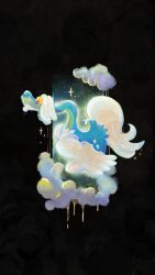  aqua_skin clouds colored_skin dark_cloud dragon drampa dripping flying fukyo full_body highres long_hair no_humans pink_eyes pokemon pokemon_(creature) pokemon_focus sparkle tail 