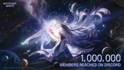  1girl absurdres closed_mouth colored_eyelashes commentary dress english_commentary english_text floating_hair from_side grey_hair hair_over_one_eye halo high_heels highres holding_planet jacket logo long_hair looking_at_viewer looking_to_the_side mornye_(wuthering_waves) official_art purple_dress red_eyes see-through_body sky smile solar_system solo space star_(sky) starry_sky tacet_mark_(wuthering_waves) very_long_hair white_jacket wuthering_waves 