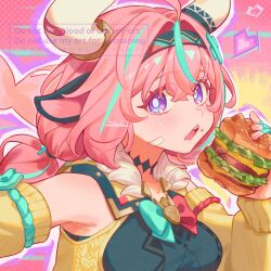 1girl 39_iduki animal_ears aqua_hair blush bow breasts burger commentary_request cow_ears cow_girl cow_horns detached_sleeves food food_on_face genshin_impact hairband heart highres holding holding_burger holding_food horns long_hair low_twintails medium_breasts multicolored_hair outline pink_hair simple_background solo streaked_hair twin_braids twintails upper_body varesa_(genshin_impact) watermark yellow_sleeves