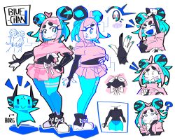  absurdres ahoge black_leotard blue-chan_(bourbunbun) blue_eyes blue_hair blue_nails blue_pantyhose bourbunbun bow breasts colored_eyelashes colored_mouth commentary creature double_bun english_commentary hair_bun hair_ornament hairclip heart heart_ahoge highres large_breasts leotard mascot multicolored_hair multiple_expressions pantyhose pink_eyes pink_hair pink_skirt pink_top reference_sheet ribbon shoes short_eyebrows skirt sneakers two-tone_hair white_bow white_ribbon 