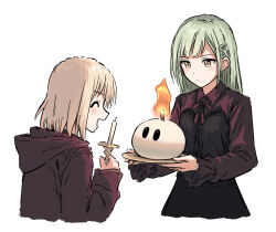  2girls ^_^ bang_dream! bang_dream!_it's_mygo!!!!! blonde_hair blush closed_eyes commentary cropped_torso fire green_hair hair_ornament hairclip holding holding_tray hood hood_down ignizol long_hair long_sleeves medium_hair misumi_uika multiple_girls open_mouth simple_background the_legend_of_zelda the_legend_of_zelda:_echoes_of_wisdom tray wakaba_mutsumi white_background yellow_eyes yukitake_(bullfalk) zol_(zelda) 