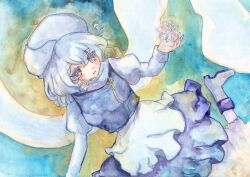  1girl absurdres apron blue_shirt blue_skirt chidori_nekoro commentary_request highres lapel_pin letty_whiterock long_sleeves looking_down medium_hair painting_(medium) shirt skirt solo touhou traditional_media waist_apron white_background white_hair 