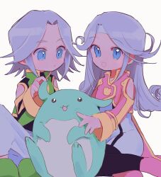  1boy 1girl absurdres black_pantyhose blue_eyes brother_and_sister coat creature curled_ends dio_(tales) dress green_coat green_shoes grey_hair headband highres kururu_(tales) looking_at_another mel_(tales) nancykittyu open_mouth pants pantyhose pencil_dress pink_coat pink_shoes shoes short_dress short_hair siblings simple_background sitting smile tales_of_(series) tales_of_phantasia tales_of_phantasia:_narikiri_dungeon twins white_background white_dress white_headband white_pants 