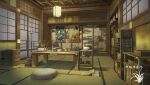  architecture bonsai book candle ceiling_light cushion east_asian_architecture highres indoors katana no_humans open_book original painting_(object) scenery sword table weapon xingzhi_lv 
