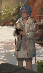  1girl bebe_(infinity_nikki) blue_hair buttons camera closed_mouth coat collared_coat commentary_request cowboy_shot day earrings eyelashes frithuric gold_buckle grey_vest hair_between_eyes happy holding holding_camera hood hood_down hooded_coat infinity_nikki jewelry lapels lips lipstick looking_ahead makeup multicolored_hair nikki_(series) open_clothes open_coat outdoors peaked_lapels pink_eyes shade shirt short_hair shorts smile solo standing star_(symbol) star_earrings streaked_hair tomboy tree under_tree vest white_coat white_shirt white_shorts 