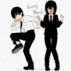  2girls androgynous black_necktie black_shoes black_suit blush chainsaw_man commentary copyright_name creator_connection english_commentary fujino_(look_back) hair_between_eyes highres isuke_(isuke_now) kyomoto_(look_back) look_back medium_hair multiple_girls necktie parody shirt shoes short_hair smile standing standing_on_one_leg suit sweat white_shirt 