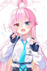  1girl abydos_high_school_logo ahoge black_gloves black_skirt blue_archive blue_eyes blue_necktie blush chest_harness collared_shirt commentary_request eyelashes fang fingerless_gloves flying_sweatdrops gloves hair_between_eyes halo hands_up harness heterochromia highres hitoha_koduku hoshino_(blue_archive) id_card long_hair long_sleeves looking_at_viewer necktie open_mouth pink_hair pink_halo plaid_clothes plaid_skirt school_uniform shirt simple_background skirt solo straight_hair tsurime upper_body very_long_hair white_background white_shirt yellow_eyes 