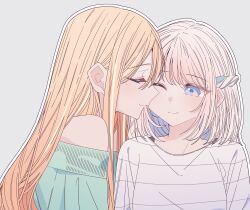  2girls absurdres aqua_sweater blonde_hair closed_eyes closed_mouth commentary_request gakuen_idolmaster grey_background highres idolmaster katsuragi_lilja kousaka_0v0 long_hair medium_hair mole mole_under_eye multiple_girls off-shoulder_sweater off_shoulder one_eye_closed outline shirt shiun_sumika simple_background smile sweater violet_eyes white_hair white_outline white_shirt yuri 