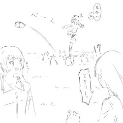 3girls ball bang_dream! bang_dream!_it's_mygo!!!!! bird chihaya_anon fang greyscale highres kanade_(kanade_3344) long_hair monochrome multiple_girls open_mouth penguin shiina_taki shirt short_hair skin_fang soccer sweatdrop takamatsu_tomori translation_request 