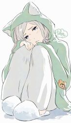  1boy :< :t animal_ears animal_hood animal_slippers anpon_aji blue_eyes blush cat_ears cat_hood full_body green_hoodie grey_hair hands_on_own_knees head_tilt hood hoodie light_blush looking_at_viewer medium_hair otto_suewen pajamas pout re:zero_kara_hajimeru_isekai_seikatsu signature simple_background sitting slippers solo white_background 