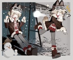  +++ 1cyaya1 1girl animal_ears aviator_cap blush boots border brown_boots brown_hair brown_hat commentary_request full_body fur-trimmed_boots fur-trimmed_jacket fur_trim goggles goggles_on_head green_eyes grey_border grey_pants hat highres holding holding_snowball jacket leka_(1cyaya1) looking_at_viewer multiple_views on_swing open_mouth original outdoors pants pom_pom_(clothes) red_socks red_sweater sitting smile snot_trail snow snowball snowman socks sweater swing throwing 