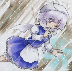  1girl apron artist_name bare_tree bloomers closed_mouth commentary cryokinesis dated hat juliet_sleeves lapel_pin letty_whiterock long_sleeves looking_at_viewer maa_(forsythia1729) medium_hair one_eye_closed outdoors puffy_sleeves purple_hair purple_skirt purple_vest scarf skirt smile solo touhou traditional_media tree vest violet_eyes waist_apron watermark watermark_grid white_apron white_bloomers white_hat white_scarf winter 