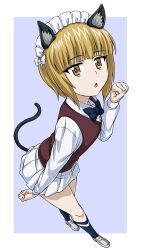  1girl 9s0ykoyama117 absurdres animal_ears blonde_hair blue_bow blue_bowtie bow bowtie cat_ears cat_girl cat_tail cutlass_(girls_und_panzer) full_body girls_und_panzer highres looking_at_viewer maid_headdress miniskirt open_mouth paw_pose short_hair simple_background skirt solo tail waitress 