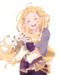  1girl ^_^ black_gloves black_pants blonde_hair blurry bouquet braid closed_eyes commentary_request crown_braid facing_viewer fingerless_gloves gloves hair_ornament hairclip highres holding holding_bouquet long_hair mio_(sabamiso_1108) open_mouth pants pointy_ears princess_zelda silent_princess simple_background smile solo teeth the_legend_of_zelda the_legend_of_zelda:_breath_of_the_wild upper_teeth_only white_background 