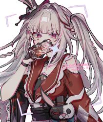  1girl animal_ears argyle_clothes bow braid choker clothing_cutout commentary dress facial_mark hat highres holding holding_phone honkai:_star_rail honkai_(series) phone pink_eyes rabbit_ears red_streaks selfie shoulder_cutout side_braid signature sparkle sparkle_(honkai:_star_rail) sparxie_(honkai:_star_rail) toriniku_(tori_paku2) twintails white_hair 