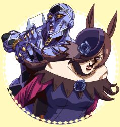  1boy 1girl animal_ears araki_hirohiko_(style) blue_flower blue_rose clothing_cutout collarbone commentary_request diamond_cutout diamond_wa_kudakenai dress eyelashes flipped_hair flower hair_over_one_eye hat highway_star_(stand) holding holding_paper horse_ears jojo_no_kimyou_na_bouken lips long_hair looking_at_viewer no_pupils off-shoulder_dress off_shoulder open_mouth paper purple_hat rice_shower_(umamusume) rose stand_(jojo) teeth tilted_headwear umamusume user_sppg5733 violet_eyes yellow_eyes 