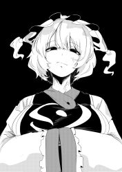  1girl animal_ear_headwear arms_under_breasts black_background breasts commentary_request dress empty_eyes frilled_hat frilled_sleeves frills frown greyscale hands_in_opposite_sleeves hat hat_tassel highres large_breasts looking_at_viewer looking_down monochrome motutigire short_hair solo straight-on tabard touhou upper_body veins veiny_face yakumo_ran 