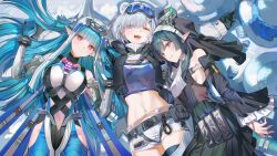  3girls ;d animal_ears aqua_tail arknights arknights:_endfield aurora_(arknights) bear_ears bear_girl belt black_coif black_gloves blue_gloves blue_hair blue_shirt bright_pupils coif commentary_request cowboy_shot dragon_horn dragon_horns dragon_tail gloves goggles goggles_on_head grin hair_spread_out head_on_another's_arm highres horns last_rite_(arknights) lying marking_on_cheek midriff multiple_girls navel on_back one_eye_closed pointy_ears pong_(pong_o0) pouch red_eyes shirt short_shorts shorts smile snowshine_(arknights) tail white_hair white_shorts xaihi_(arknights) 