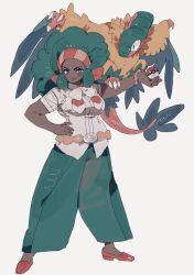  1girl afro archeops belt big_hair blush blush_stickers breast_pocket breasts closed_mouth commentary_request dark-skinned_female dark_skin full_body green_eyes green_pants hand_on_own_hip headband highres holding holding_poke_ball korean_commentary large_breasts legs_apart lenora_(pokemon) lipstick long_hair looking_at_viewer makeup o6262626 outstretched_arm pants pocket poke_ball poke_ball_(basic) pokemon pokemon_on_arm red_shoes shirt shoes short_sleeves simple_background smile standing very_dark_skin white_background white_shirt wings 