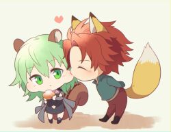  0nodera 1boy 1girl animal_ears black_skirt chibi chibi_only closed_eyes clothing_cutout commentary_request eating female_byleth_(fire_emblem) fire_emblem fire_emblem:_three_houses fox_ears fox_tail full_body green_eyes green_hair heart hetero kemonomimi_mode kiss navel_cutout red_hair short_hair skirt squirrel_girl squirrel_tail sylvain_jose_gautier tail 