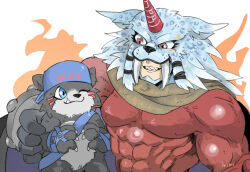  2boys ;) abs backwards_hat bear bearmon belt blue_belt blue_eyes blue_hat bodysuit brothers brown_scarf cape claws closed_mouth clothes_writing commentary_request digimon digimon_(creature) digimon_story:_time_stranger facial_mark fang fang_out fire furry furry_male gauntlets grin hat holding horns looking_at_another male_focus marsmon mask mimi_02525 multiple_boys muscular muscular_male one_eye_closed pectorals red_bodysuit red_eyes scarf sharp_teeth siblings signature single_horn smile standing teeth upper_body 