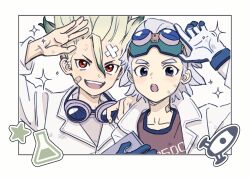  2boys :d arm_up bandaid bandaid_on_cheek bandaid_on_face bandaid_on_neck blue_eyes border brown_shirt coat dirty dirty_face dr._stone flask gloves goggles goggles_around_neck goggles_on_head green_hair grey_hair hair_between_eyes highres holding ishigami_senkuu lab_coat looking_at_viewer male_focus multicolored_hair multiple_boys open_mouth red_eyes salute shirt short_hair siemiruv smile sparkle spiky_hair teeth two-tone_hair upper_body upper_teeth_only white_border white_coat white_gloves white_hair xeno_(dr.stone) 