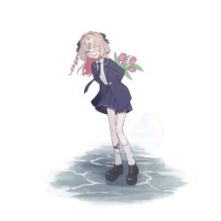  1girl :d arms_behind_back black_shoes blazer blue_jacket blue_necktie blue_ribbon blue_sailor_collar blue_skirt blush closed_eyes collared_shirt colored_inner_hair drill_hair eyepatch fang flower full_body grey_hair hair_intakes hair_ribbon hashtag-only_commentary heart highres holding holding_flower jacket lapels leaning_forward leg_ribbon leg_tattoo light_smile long_hair long_sleeves loose_socks makaino_ririmu medical_eyepatch miniskirt mochimochiwawa monitoring_(vocaloid) multicolored_hair necktie nijisanji notched_lapels official_alternate_costume official_alternate_hairstyle open_clothes open_jacket pink_flower pink_hair pink_streaks pink_tulip platform_shoes pleated_skirt pointy_ears ribbon sailor_collar school_uniform shirt shirt_tucked_in shoes sidelocks skirt smile socks solo standing streaked_hair tattoo tulip two-tone_hair two_side_up virtual_youtuber watermark white_background white_shirt white_socks wind winged_heart winged_heart_tattoo 