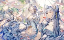  4girls android animal_ear_fluff animal_ears balloon blue_hair cake can_(crymachina) commentary_request crymachina dress eating food green_hair grey_eyes grey_hair guest_art hayat_(crymachina) hayim_(crymachina) long_hair macaron multiple_girls party short_hair sleeping tamaki_iori vida_(crymachina) wavy_hair 