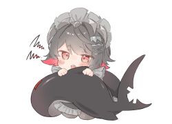  1girl black_dress black_hair blush chibi chibi_only colored_inner_hair dress ellen_joe fins fish_tail hairband highres holding_own_tail maid_headdress metal_hairband multicolored_hair nekonika_(e102k) open_mouth razor_blade_hair_ornament red_eyes scar scar_on_tail shark_girl shark_tail sharp_teeth short_hair simple_background solo spiked_headband tail teeth white_background zenless_zone_zero 