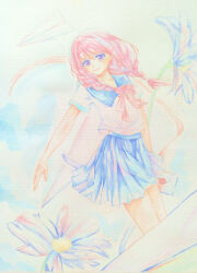  1girl absurdres aqua_eyeshadow artist_name bare_arms blue_sailor_collar blue_skirt braid chinese_commentary closed_mouth collarbone commentary_request cowboy_shot daisy_(flower) day envelope eyelashes eyeshadow floating floating_hair flower happy high-waist_skirt highres holding holding_envelope light_blush long_hair looking_at_viewer love_letters_to_the_sky_(miracle_nikki) low_twin_braids makeup miniskirt miracle_nikki muriel_miaoke neckerchief nikki_(series) outdoors outline painting_(medium) paper_airplane pink_hair pink_neckerchief pleated_skirt sailor_collar school_uniform serafuku shirt short_sleeves skirt smile solo traditional_media twin_braids violet_eyes watercolor_(medium) wax_seal white_flower white_outline white_shirt 