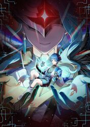  2boys absurdres aqua_hair arm_at_side armor asymmetrical_bangs belt black_belt black_bodysuit black_bow black_bridal_gauntlets black_hands black_sandals black_shorts blue_cape blue_eyes blue_gem blue_hair blue_hands blue_kimono blue_sleeves blunt_ends bodysuit bow bridal_gauntlets cape closed_mouth colored_extremities core covered_collarbone dottore_(genshin_impact) earrings eyeliner feathers fingernails fuli_(narumiyafuri) furisode gem genshin_impact glitch glowing glowing_eye glowing_eyes glowing_object gold hakama hakama_shorts hand_up highres japanese_armor japanese_clothes jewelry juban kimono kote kurokote layered_sleeves leg_warmers looking_at_another looking_at_object makeup multiple_boys one-eyed open_clothes open_hands open_kimono parted_lips pleated_shorts pom_pom_(clothes) purple_rope purple_sash red_eyeliner red_eyes rope sandals sash scaramouche_(genshin_impact) short_sleeves shorts single_mechanical_eye split_mouth syringe_earrings tassel toeless_legwear tsurime turtleneck turtleneck_bodysuit vision_(genshin_impact) wanderer_(genshin_impact) white_kimono white_leg_warmers white_mouth white_sleeves white_trim yellow_feathers zouri 