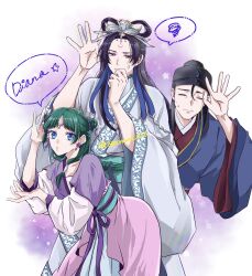  1girl 2boys anger_vein bags_under_eyes black_hair black_hat blue_eyes blue_robe bow-shaped_hair chinese_clothes chocomint_726 closed_eyes cone_hair_bun cowboy_shot double_bun dress earrings flower_earrings furrowed_brow gaoshun_(kusuriya_no_hitorigoto) green_hair grey_robe hair_bun hair_over_shoulder half_updo hat highres jewelry jinshi_(kusuriya_no_hitorigoto) kusuriya_no_hitorigoto long_dress maomao_(kusuriya_no_hitorigoto) multiple_boys parted_bangs parted_lips pink_eyes purple_hair robe spoken_squiggle squiggle sweatdrop twitter_username waving wide_sleeves 