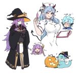  1boy 3girls alternate_costume android auram_(yu-gi-oh!) blue_eyes blue_hair closed_eyes crowned_by_the_world_chalice demon_horns demon_tail dragon duel_monster ei_(tdnei666) galatea_the_orcust_automaton halloween_costume hat highres holding holding_syringe horns ib_(yu-gi-oh!) jack-o&#039;-lantern mekk-knight_crusadia_avramax multiple_girls nurse nurse_cap one_eye_closed purple_hair syringe tail witch witch_hat world_chalice_guardragon world_legacy_bestowal yu-gi-oh! 