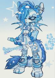  1other amatou_akuma androgynous animal_ear_piercing bat_wings belt black_sclera blue_belt blue_eyes blue_eyeshadow blue_fur blue_hair blue_leg_warmers blue_theme bottle colored_sclera digitigrade eyeshadow flower furry hair_over_one_eye hand_on_own_hip hibiscus highres holding holding_bottle leg_warmers looking_at_viewer makeup original other_focus ramune shirt short_hair shorts solo standing star_(symbol) tail white_shirt white_shorts wings y2k_fashion 
