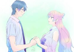  1boy 1girl blue_bow blue_eyes blue_hair blue_necktie bow breasts closed_mouth clothing_cutout collared_shirt commentary_request cone_hair_bun earrings from_side fuufu_ijou_koibito_miman. gradient_hair hair_bun heart heart_earrings highres holding_hands jewelry large_breasts long_hair multicolored_hair necktie nori_(norimakigumo) parted_lips pink_eyes pink_hair shirt short_hair short_sleeves shoulder_cutout signature smile two-tone_hair upper_body watanabe_akari white_shirt yakuin_jirou 