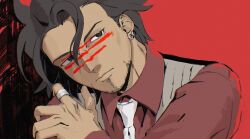  1boy 42hca ace_attorney beard beard_stubble black_eyes black_hair blood blood_on_face collared_shirt diego_armando earrings facial_hair grey_vest hand_up highres jewelry long_sleeves male_focus necktie phoenix_wright:_ace_attorney_-_trials_and_tribulations red_background red_shirt ring shirt short_hair solo stubble upper_body vest white_necktie 