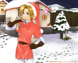  2001 2boys artist_name bad_id belt belt_buckle blonde_hair blue_eyes brown_belt brown_gloves buckle christmas closed_mouth commentary_request dated earrings fairy fingerless_gloves footprints fur-trimmed_headwear fur_trim gloves half-timbered hand_on_own_hip hat holding holding_sack house in-universe_location jewelry kakariko link multiple_boys night outdoors over_shoulder pine_tree pointy_ears red_hat red_tunic sack saikachi_(ogre_tree) santa_hat short_hair sky smile snow star_(sky) star_(symbol) starry_sky the_legend_of_zelda the_legend_of_zelda:_ocarina_of_time tree tunic village window 