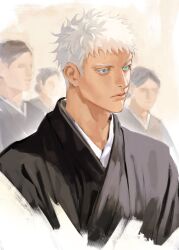  1boy 3others alternate_hair_length alternate_hairstyle blue_eyes cropped_torso eyelashes gojou_satoru hashtag-only_commentary highres japanese_clothes jujutsu_kaisen lips male_focus multiple_others ndsoda nose short_hair solo_focus white_hair 