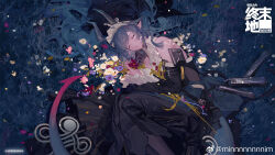  1girl arknights arknights:_endfield bare_shoulders black_dress black_pantyhose chinese_commentary closed_eyes commentary_request demon_girl demon_horns demon_tail dress flower green_hair highres horns long_hair min_(120716) nun_headdress on_grass pantyhose pointy_ears sleeping solo tail xaihi_(arknights) 