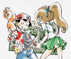  1boy 1girl aqua_ribbon backwards_hat baseball_cap belt black_eyes black_shirt blue_eyes blue_pants brown_hair charmander clenched_teeth closed_mouth comedic_sweatdrop fangs fenyon fire forest green_skirt hair_ribbon hat holding holding_poke_ball horns jacket lass_(pokemon) lass_(pokemon_rgby) miniskirt nature on_shoulder open_clothes open_jacket pants pointing pointing_at_another poke_ball pokemon pokemon_(creature) pokemon_on_shoulder pokemon_rgby ponytail red_(pokemon) red_hat red_jacket ribbon school_uniform shirt short_sleeves single_horn skirt standing sugimori_ken_(style) teeth tree viridian_forest weedle white_belt white_shirt 