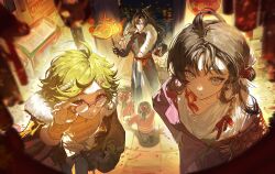  1boy 1other 4girls absurdres adjusting_eyewear animal_lantern blue_eyes brown_eyes brown_hair cheng_heguang child chinese_clothes chinese_commentary commentary_request feathers fingerless_gloves gloves green_hair grey_eyes hair_ornament hair_stick hairclip hands_on_own_hips highres lantern looking_at_viewer mole mole_above_eye multiple_girls over-rim_eyewear paper_heron parted_bangs reed_(reverse:1999) reverse:1999 semi-rimless_eyewear white_feathers zzzzzm_jiangzhouzi 