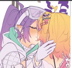  2girls ahoge armband blonde_hair blush character_name closed_eyes closed_mouth commentary couple ear_blush ear_piercing earrings english_commentary eyewear_on_head gloves goggles goggles_on_head gradient_hair hair_ornament hairclip heart high_ponytail hololive hooded_shrug jewelry kiss legzy long_hair medium_hair momosuzu_nene momosuzu_nene_(cheerleader) multicolored_gloves multicolored_hair multiple_girls official_alternate_costume official_alternate_hairstyle piercing pink_armband pink_hair pointy_ears ponytail purple_gloves purple_hair shrug_(clothing) sidelocks tokoyami_towa tokoyami_towa_(cyberpunk) two-sided_gloves two-tone_gloves upper_body virtual_youtuber white_gloves white_shrug yuri 
