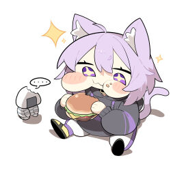  1girl absurdres ahoge animal_ear_fluff animal_ears burger cat_ears cat_girl cat_tail cocomayo29_(tomato) commentary food hair_between_eyes highres holding holding_burger holding_food hololive hood hoodie korean_commentary long_sleeves looking_down nekomata_okayu nekomata_okayu_(1st_costume) onigirya_(nekomata_okayu) puffy_sleeves purple_hair simple_background sitting speech_bubble star-shaped_pupils star_(symbol) symbol-shaped_pupils tail violet_eyes virtual_youtuber 