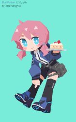  absurdres arknights blue_eyes blue_poison_(arknights) cake chibi flat_color food highres holding holding_food hood jacket knee_high_socks looking_at_viewer pink_hair shorts simple_background smile strawberry_cake 