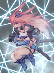  1girl animal_ears black_gloves black_jacket black_shorts boots closed_mouth commentary_request fox_ears full_body gloves headphones headphones_around_neck holding holding_sword holding_weapon honkai_(series) honkai_impact_3rd ice jacket katana long_hair matsushita_yuubin pink_hair sheath sheathed shirt shorts single_glove single_thighhigh solo sword thigh-highs violet_eyes weapon white_shirt white_thighhighs yae_sakura yae_sakura_(goushinnso_memento) 