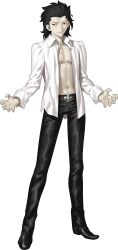  1boy arms_at_sides belt belt_buckle black_hair black_pants black_shoes brown_belt buckle collared_shirt evil_grin evil_smile fingernails grin hair_slicked_back highres long_hair looking_at_viewer michael_roa_valdamjong official_art open_clothes open_shirt pale_skin pants red_eyes sharp_fingernails shirt shoes sleeve_cuffs smile solo standing takeuchi_takashi tsukihime tsukihime_(remake) vampire 
